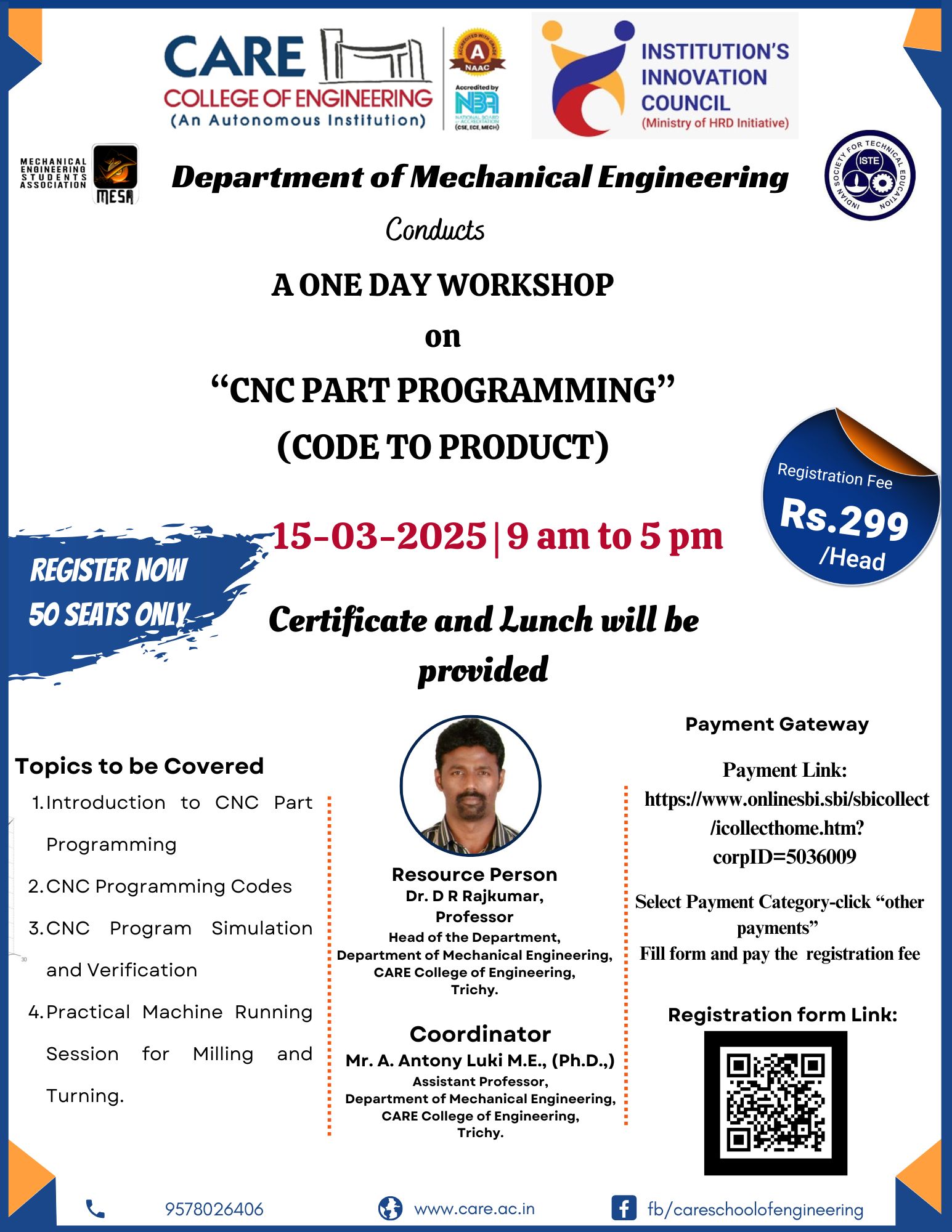 One Day Workshop on CNC Part Programming(code to Product) 2025